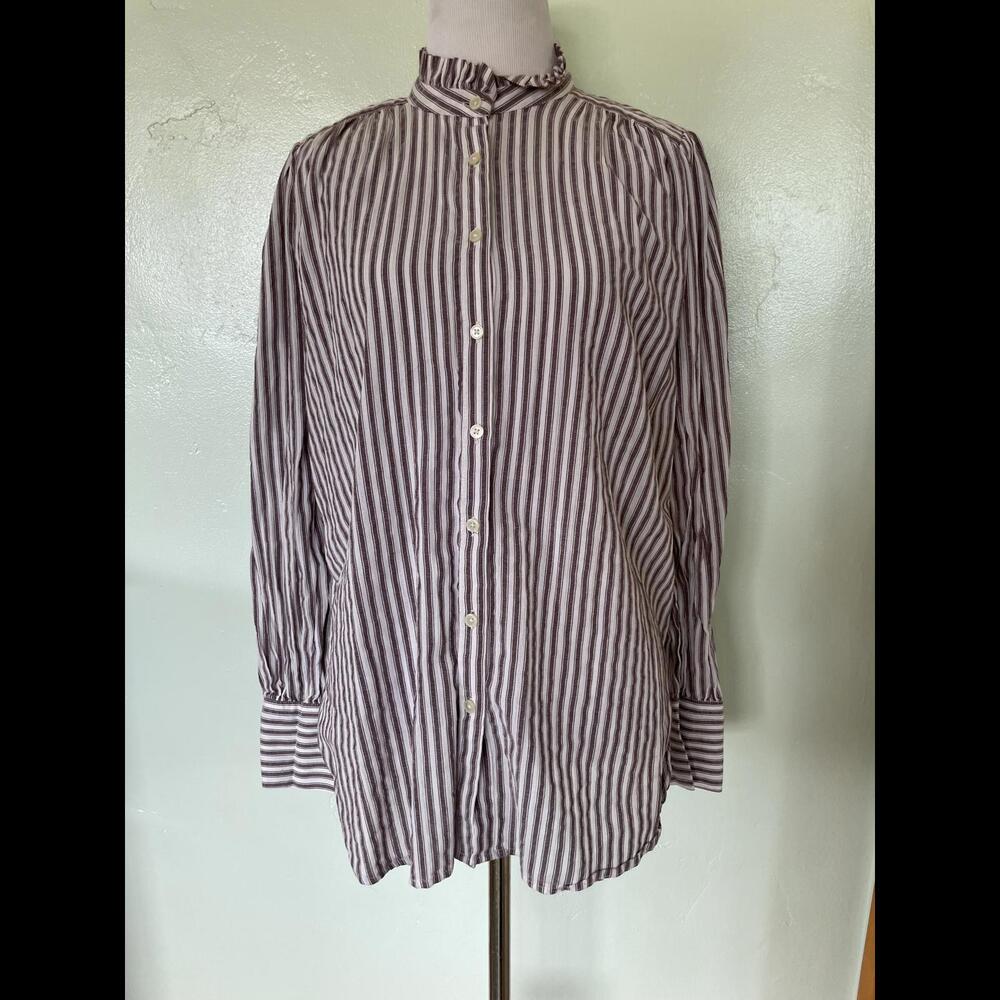 Ann Taylor LOFT Petites Striped Ruffle Neck Button Down Blouse Large L 20-0170